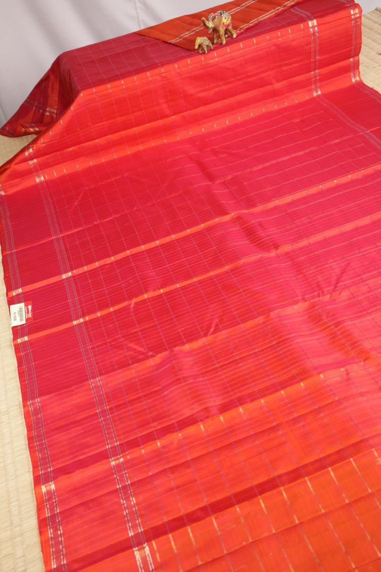Strawberry Pink Kanchipuram Silk Sarees with Copper Zari Checks view 2