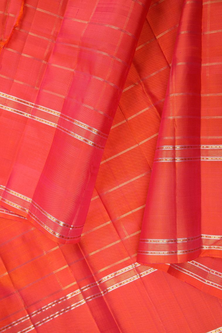 Strawberry Pink Kanchipuram Silk Sarees with Copper Zari Checks view 3