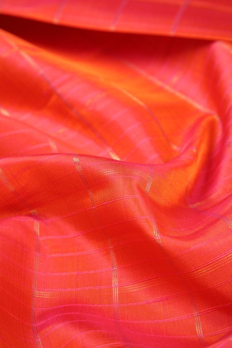 Strawberry Pink Kanchipuram Silk Sarees with Copper Zari Checks view 4