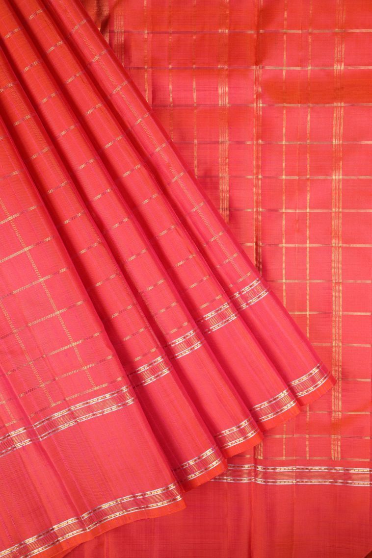 Strawberry Pink Kanchipuram Silk Sarees with Copper Zari Checks view 1
