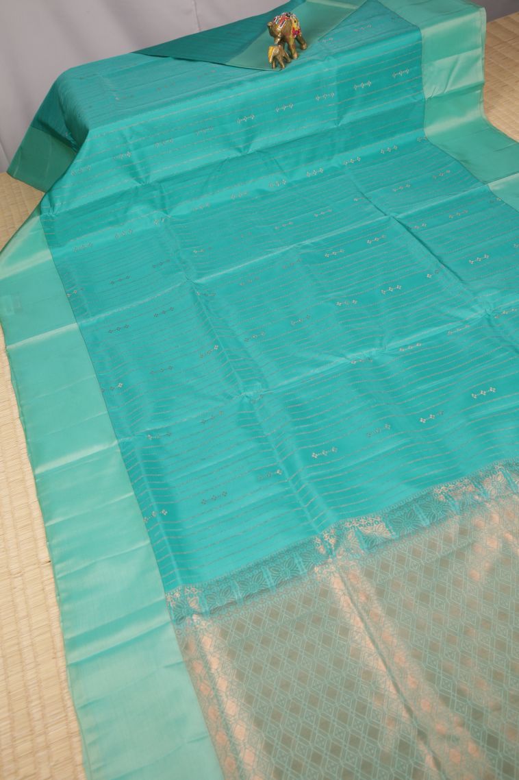 Sapphire Blue Soft Silk Saree with Copper Zari Stripes view 2