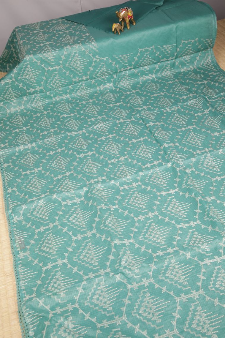 Peacock Blue Organza Saree with Without Zari Zari Geometric Shapes view 2