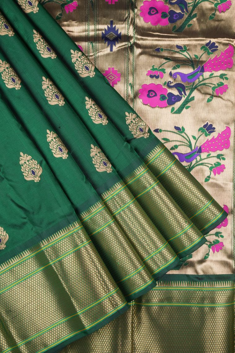 Basil Green Kanchipuram Silk Sarees with Gold Zari Buttis (small Dots Or Motifs) view 1