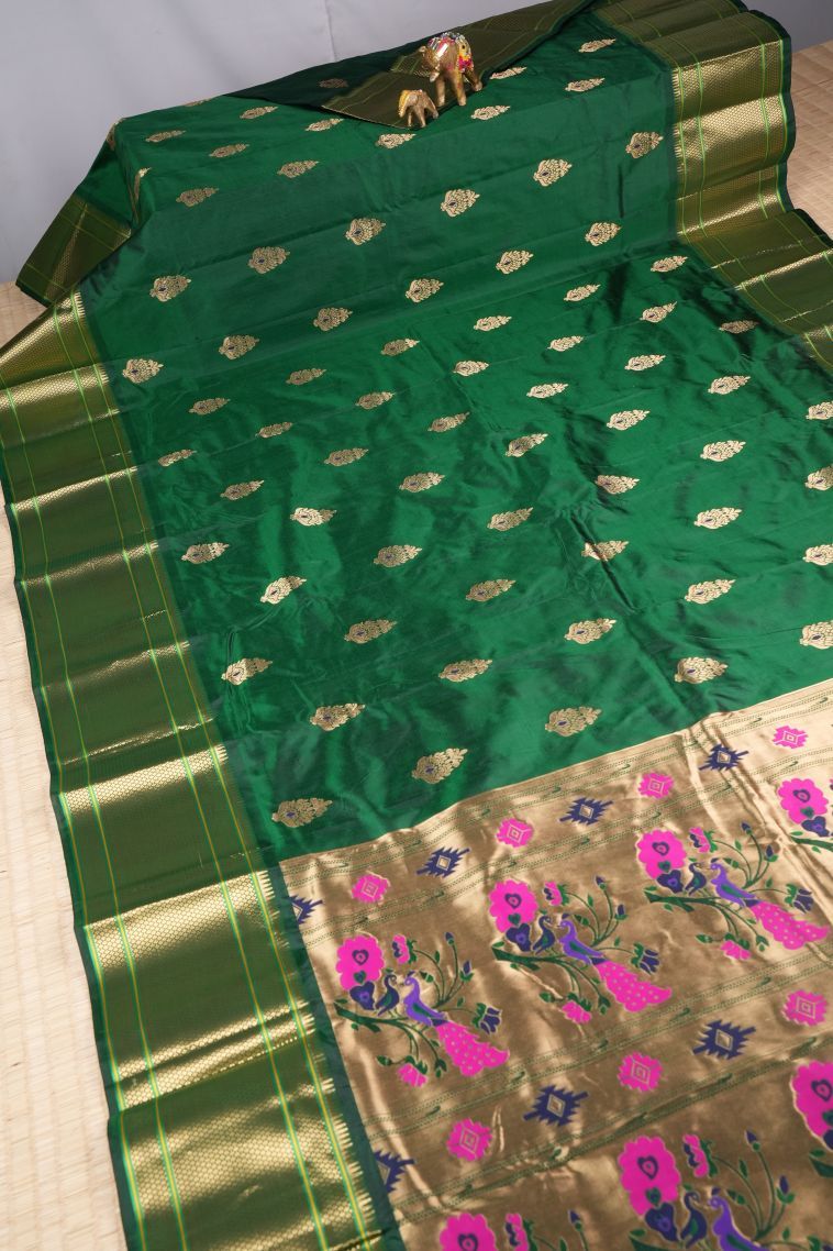 Basil Green Kanchipuram Silk Sarees with Gold Zari Buttis (small Dots Or Motifs) view 2