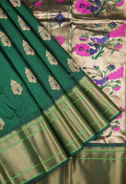 Basil Green Kanchipuram Silk Sarees with Gold Zari Buttis (small Dots Or Motifs)