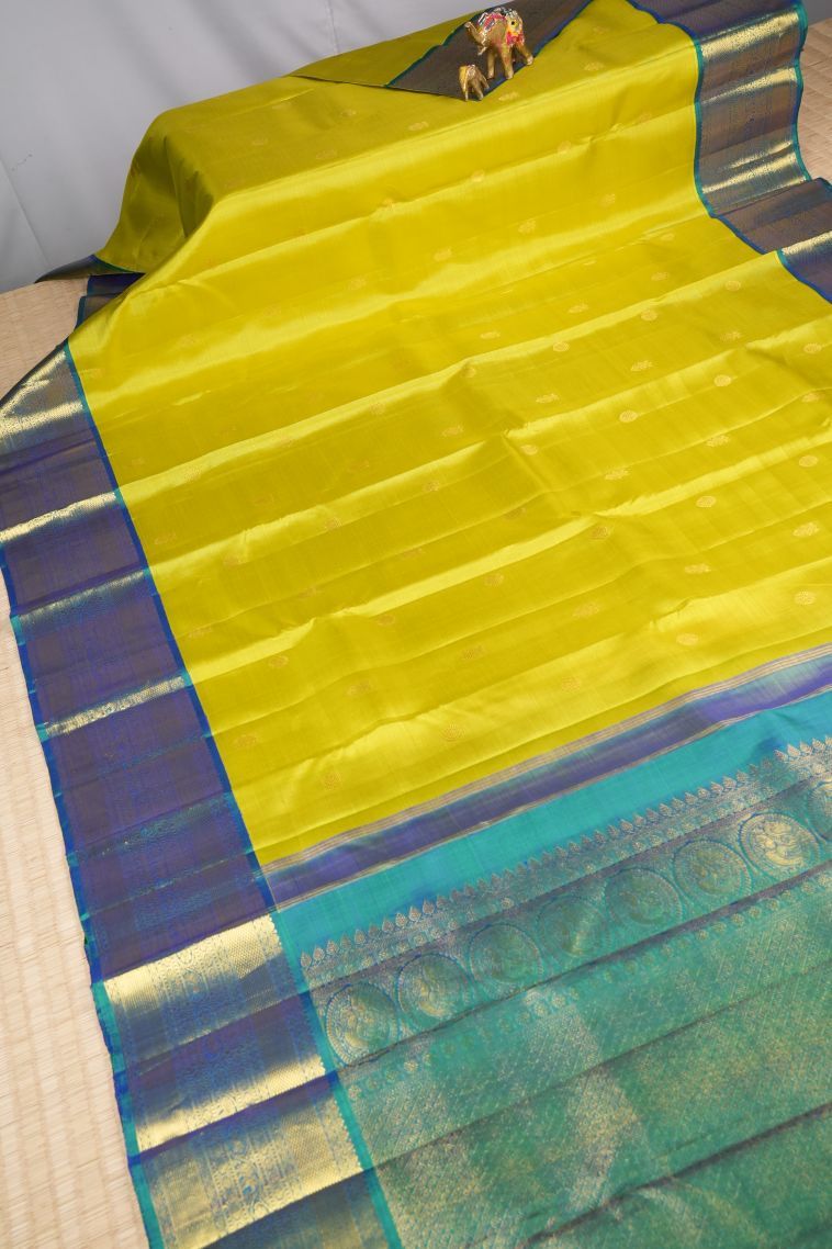 Chartreuse Green Kanchipuram Silk Sarees with Gold Zari Buttis (small Dots Or Motifs) view 2