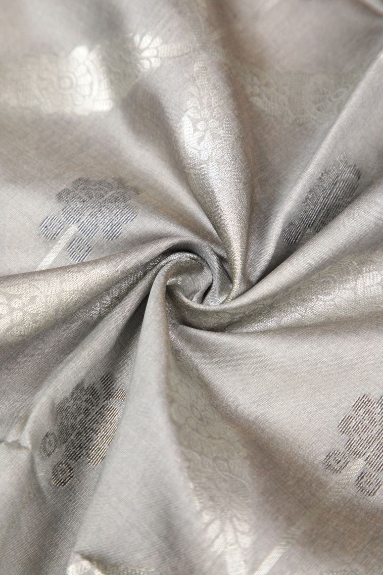 Gray Black Tussar Saree with Silver Zari Floral Patterns view 4