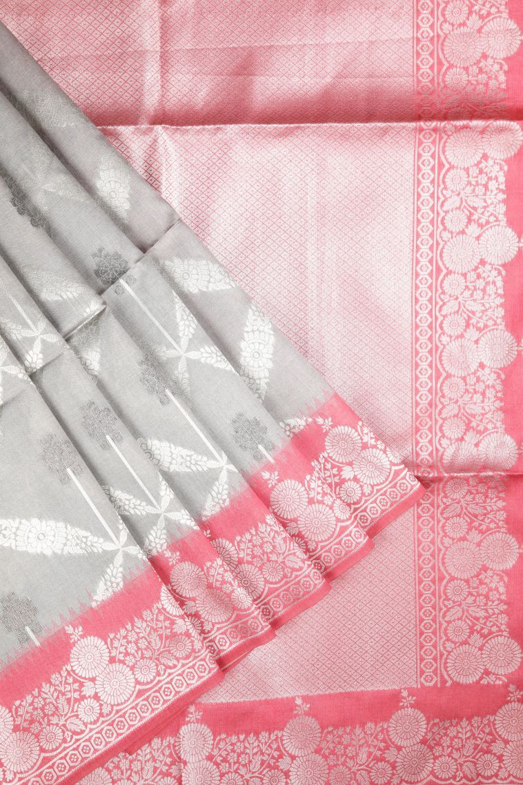 Gray Black Tussar Saree with Silver Zari Floral Patterns view 1