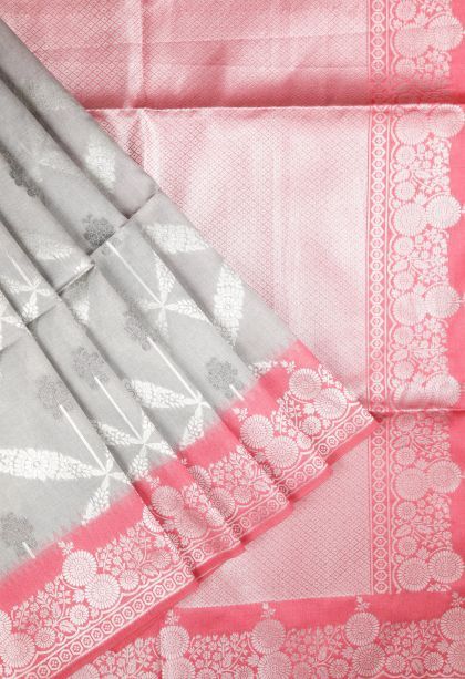 Gray Black Tussar Saree with Silver Zari Floral Patterns