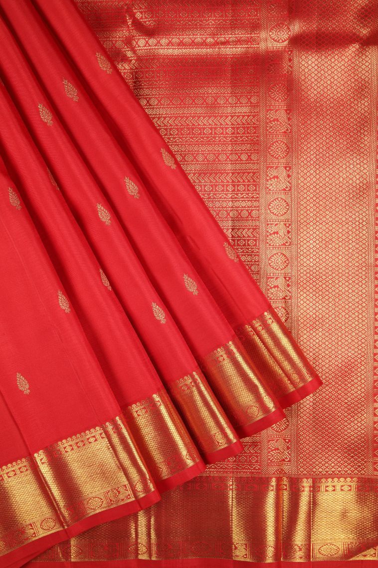 Rose  Red Kanchipuram Silk Sarees with Gold Zari Buttis (small Dots Or Motifs) view 1