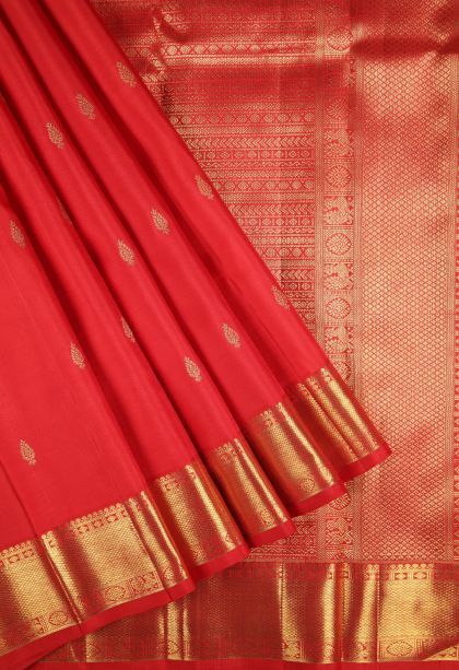 Rose  Red Kanchipuram Silk Sarees with Gold Zari Buttis (small Dots Or Motifs)