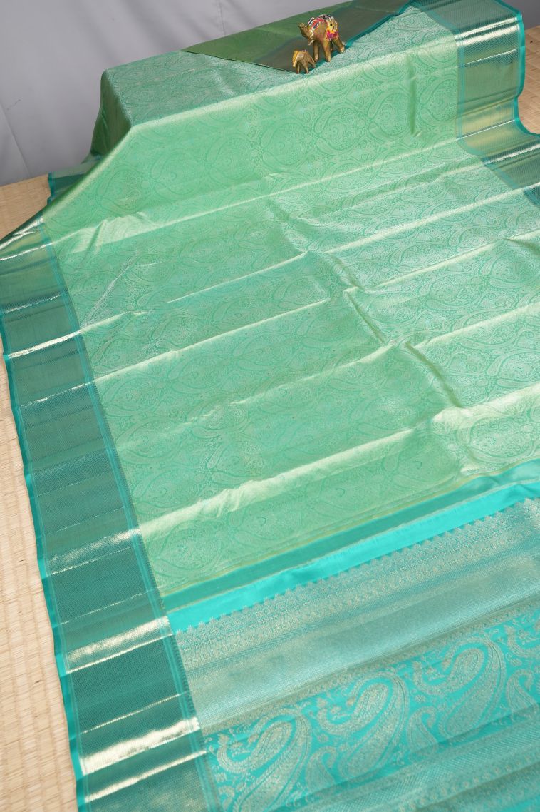 Mint Green Kanchipuram Silk Sarees with Gold Zari Floral Patterns view 2