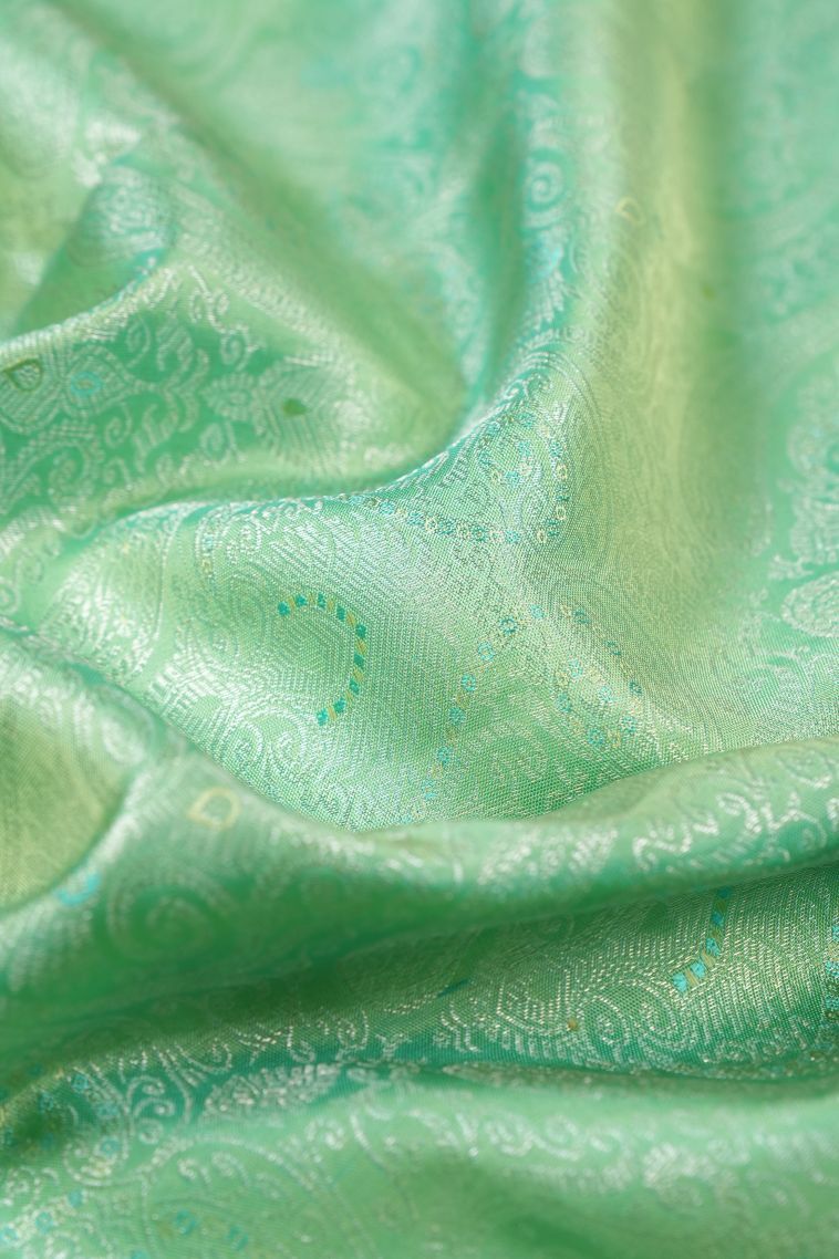 Mint Green Kanchipuram Silk Sarees with Gold Zari Floral Patterns view 4