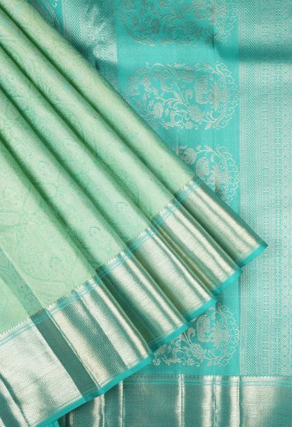 Mint Green Kanchipuram Silk Sarees with Gold Zari Floral Patterns