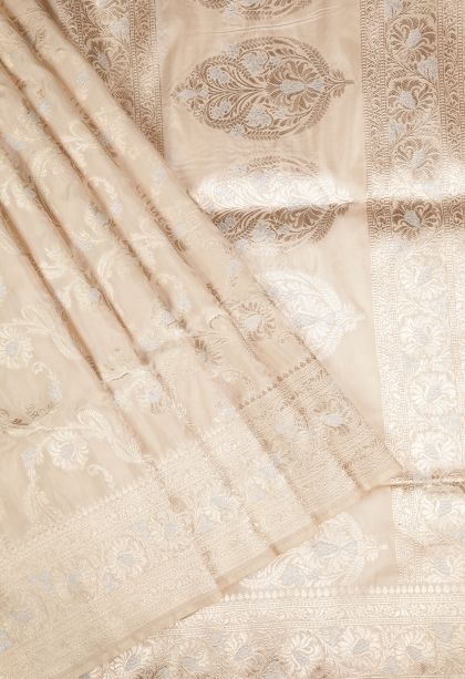 Cream White Banaras Silk Saree with Gold Zari Floral Patterns