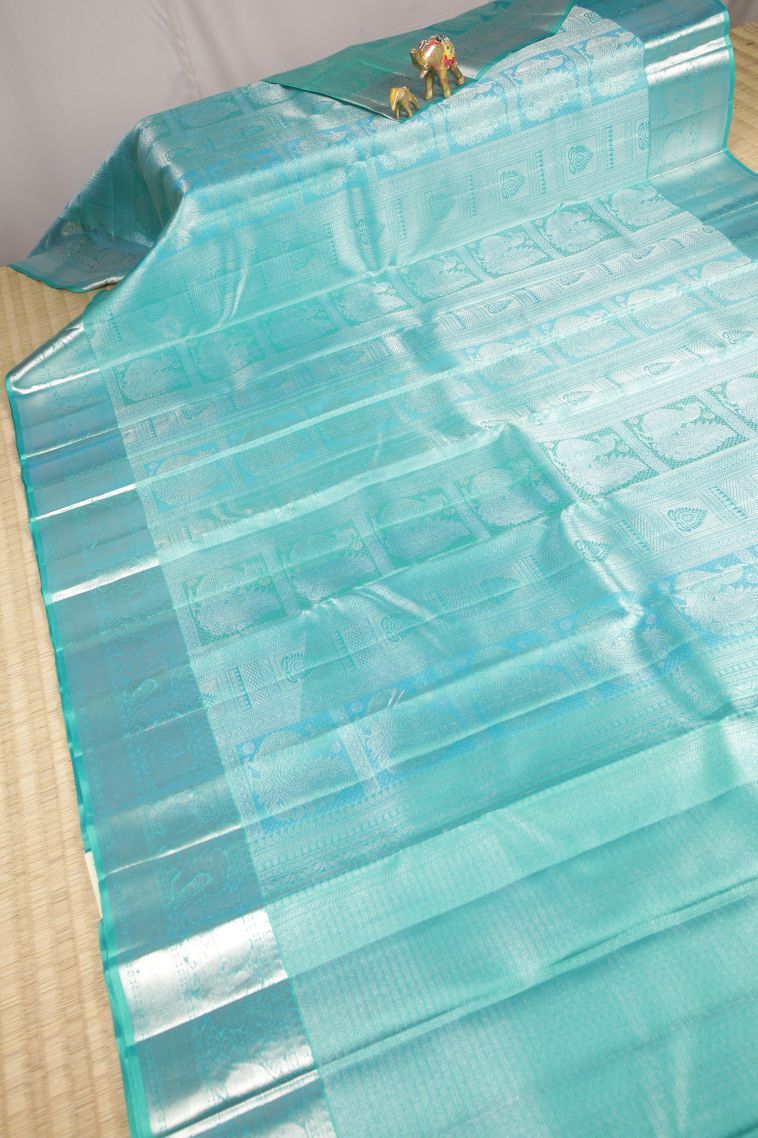 Arctic Blue Kanchipuram Silk Sarees with Silver Zari Floral Patterns view 2