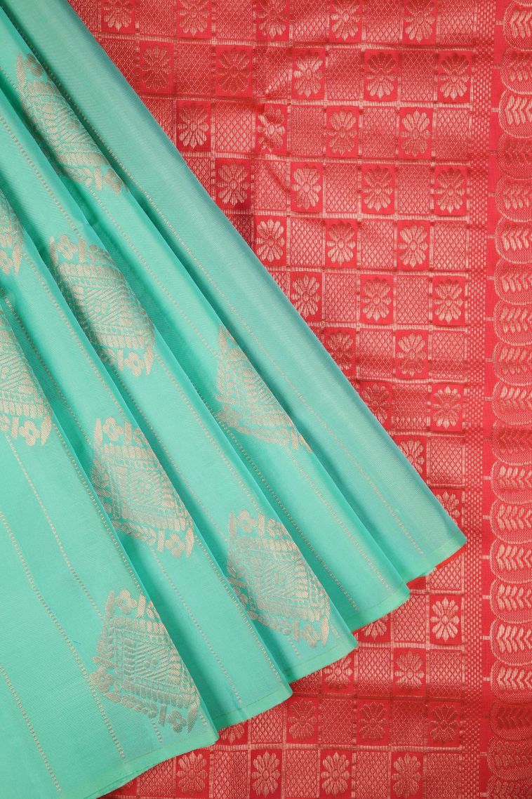 Sapphire Blue Soft Silk Saree with Copper Zari Stripes view 1