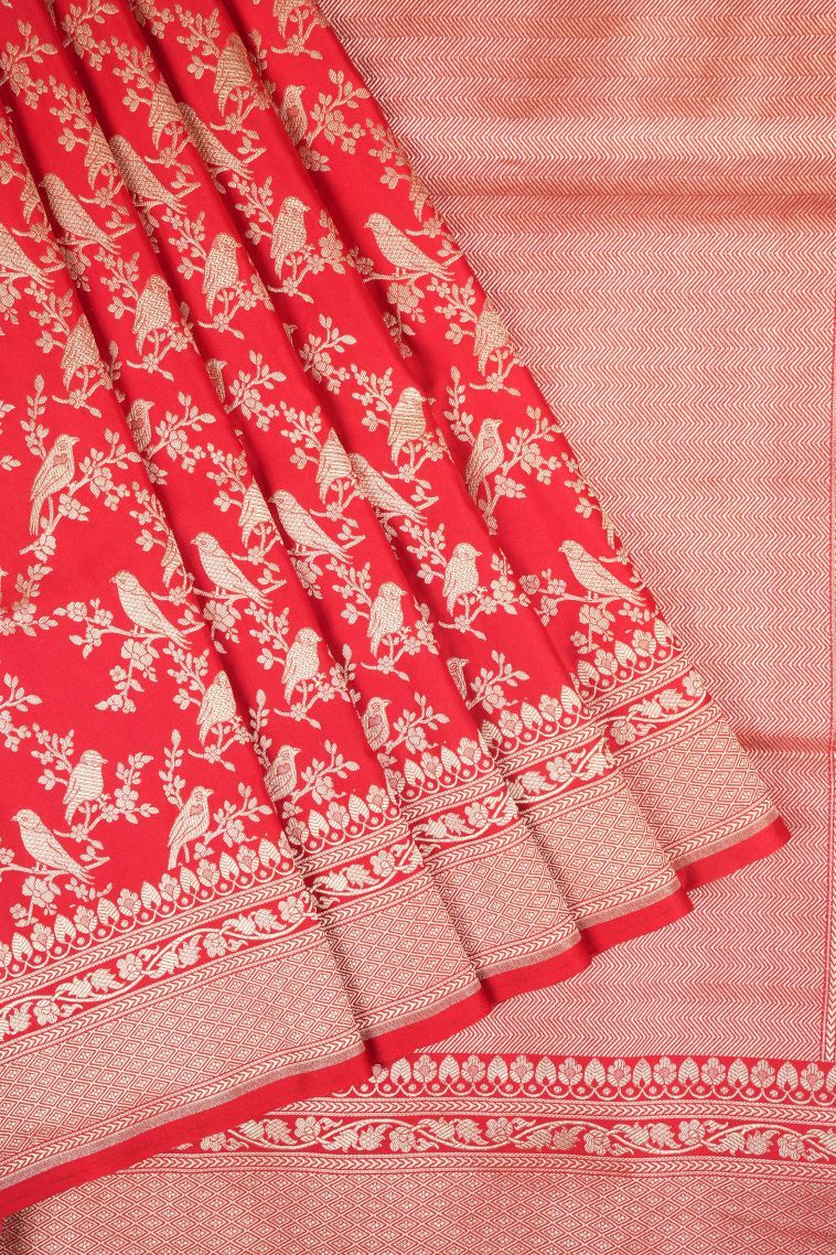 Rose  Red Banaras Sarees with Gold Zari Floral Patterns view 1