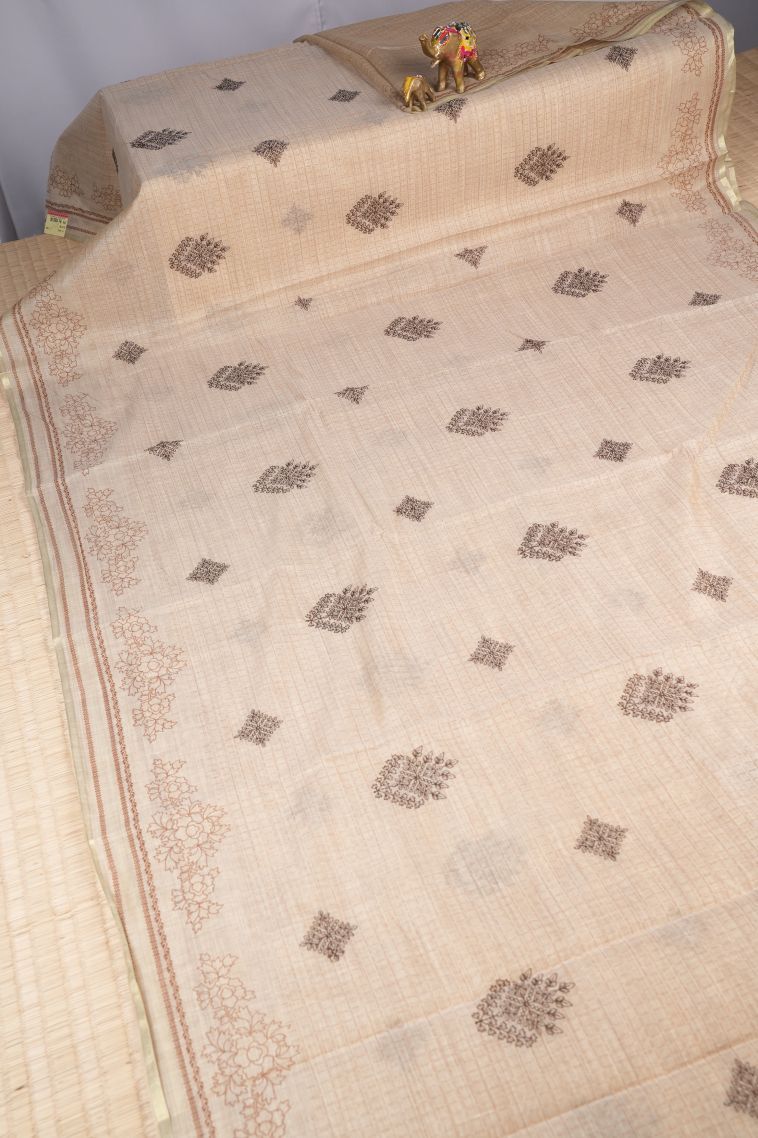 Cream White Tussar Saree with Without Zari Zari Buttis (small Dots Or Motifs) view 2