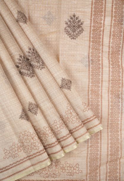 Cream White Tussar Saree with Without Zari Zari Buttis (small Dots Or Motifs)