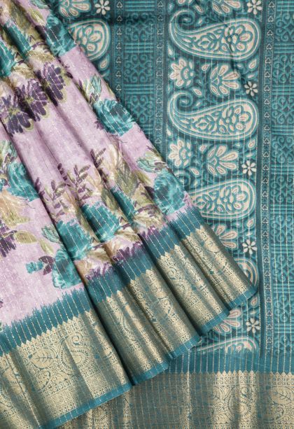 Periwinkle Purple Tussar Saree with Without Zari Zari Floral Patterns