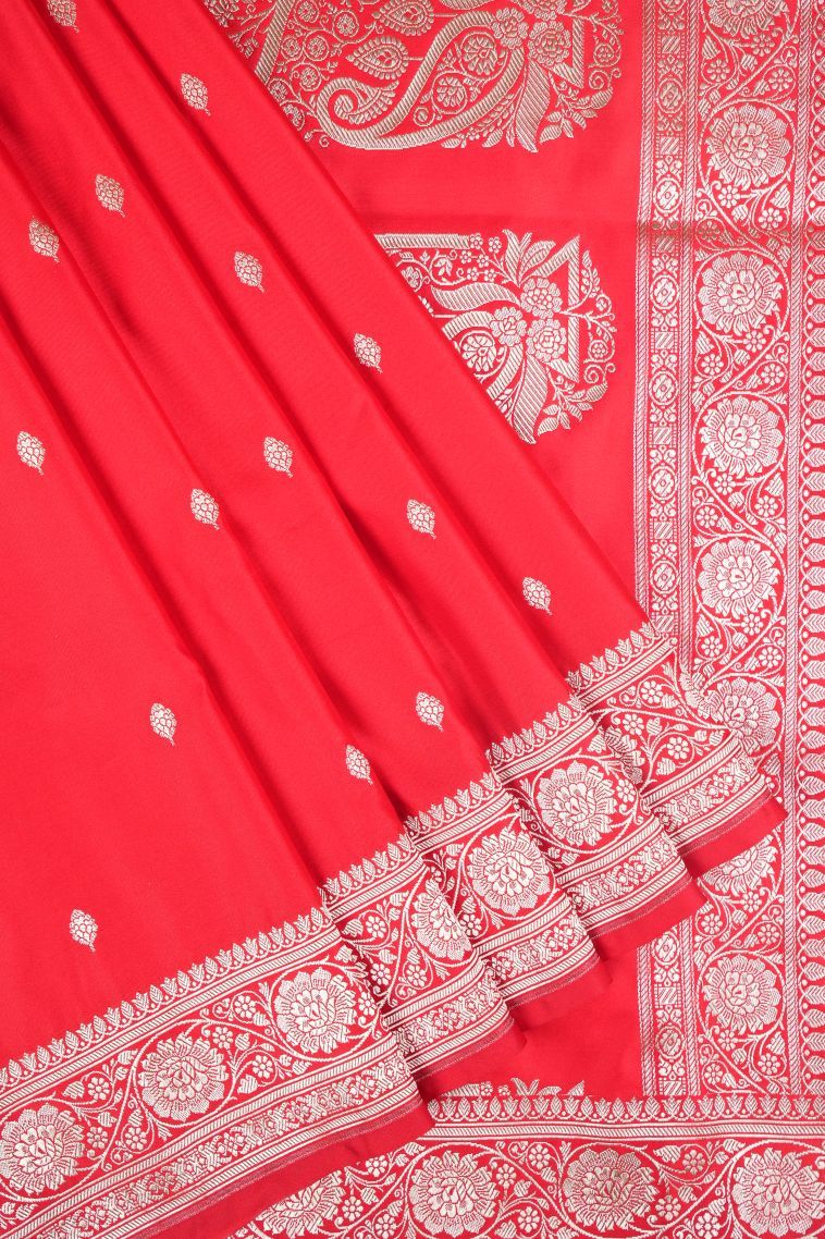 Mahome Red Banaras Sarees with Silver Zari Buttis (small Dots Or Motifs) view 1