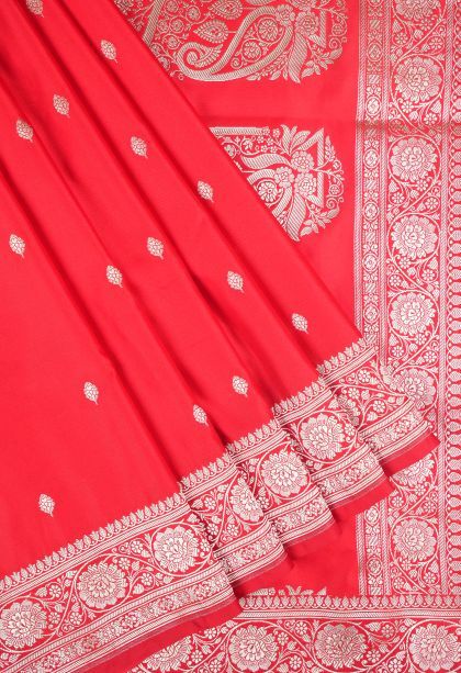 Mahome Red Banaras Sarees with Silver Zari Buttis (small Dots Or Motifs)