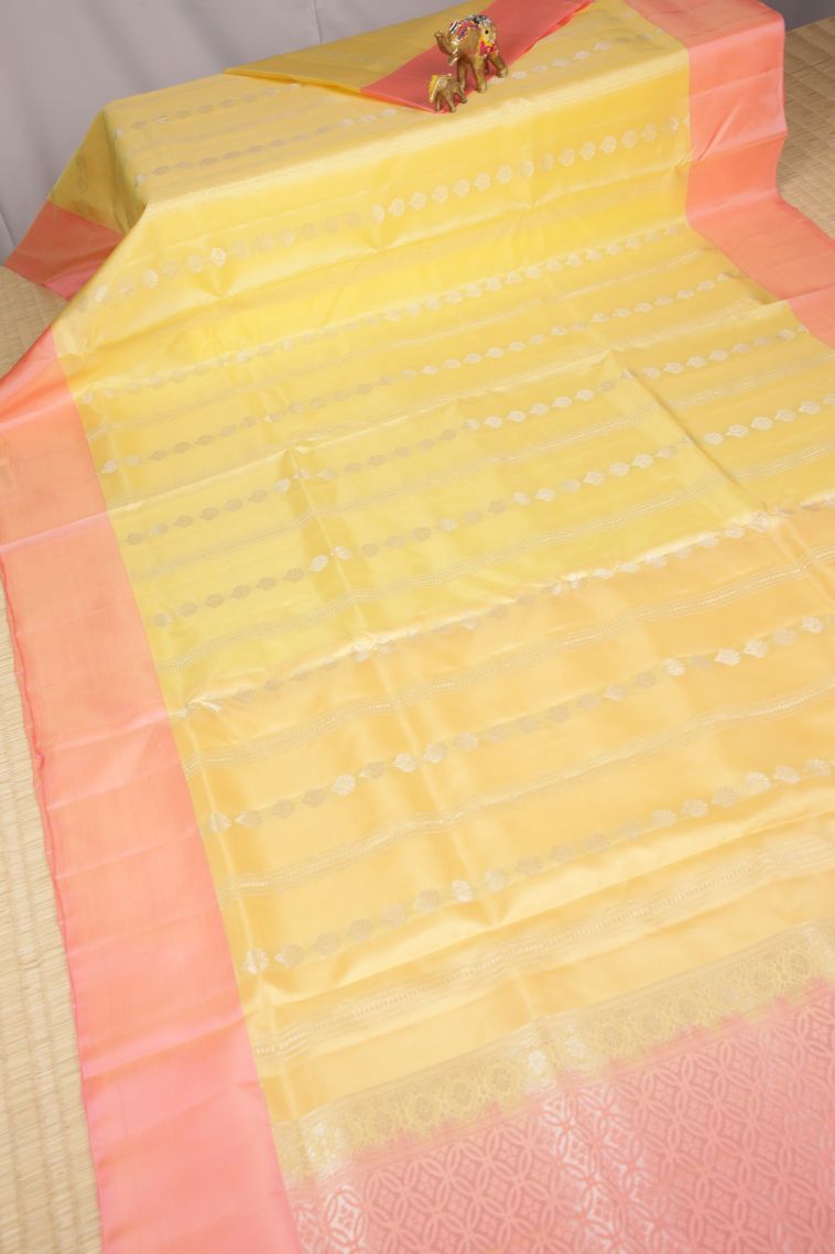 Shortbread Yellow Soft Silk Saree with Silver Zari Stripes view 2