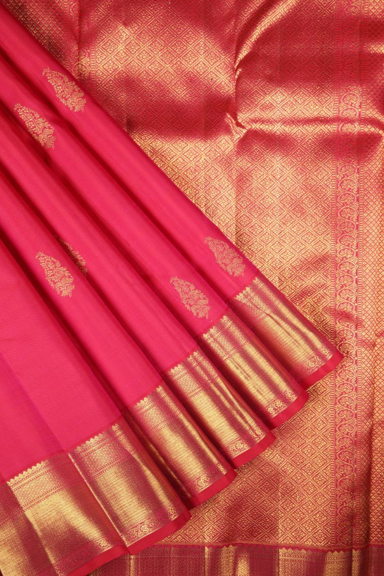Strawberry Pink Kanchipuram Silk Sarees with Gold Zari Buttis (small Dots Or Motifs) view 1