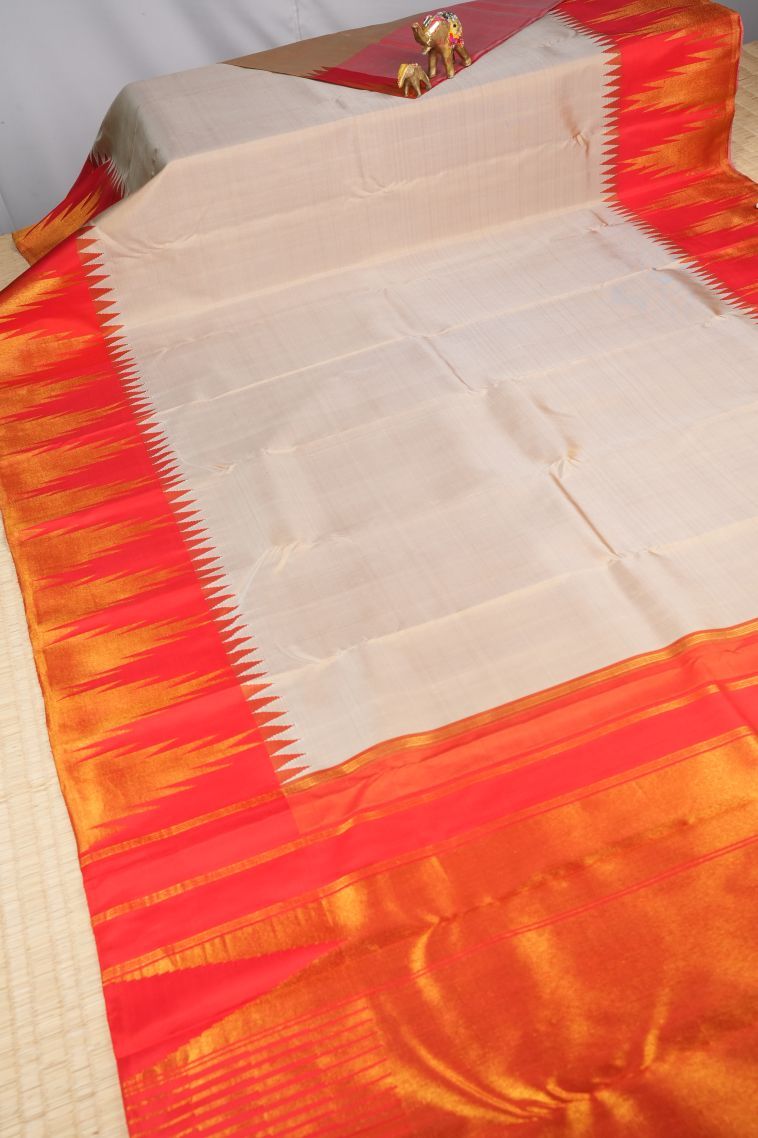 Cream White Kanchipuram Silk Sarees with Gold Zari Plain view 2