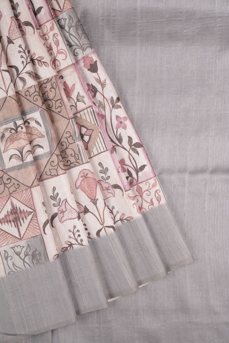 Cream White Tussar Saree with Without Zari Zari Floral Patterns view 1