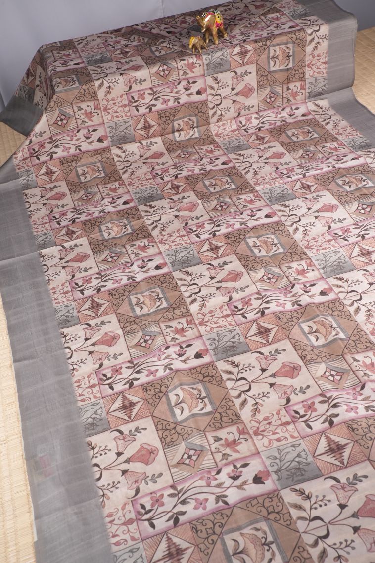 Cream White Tussar Saree with Without Zari Zari Floral Patterns view 2