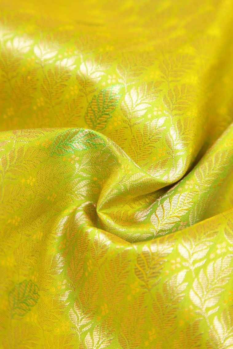Chartreuse Green Kanchipuram Silk Sarees with Gold Zari Floral Patterns view 4