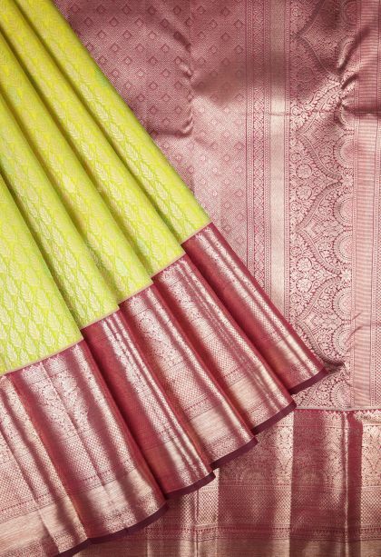 Chartreuse Green Kanchipuram Silk Sarees with Gold Zari Floral Patterns