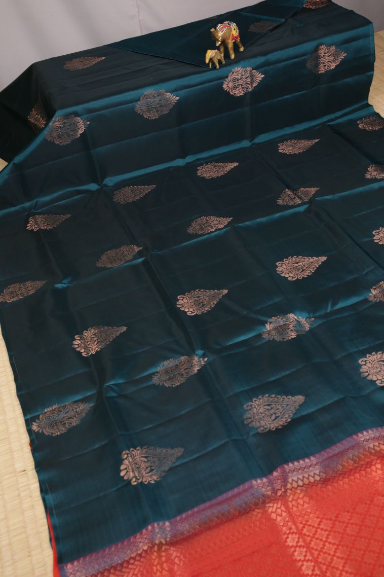 Aegean Blue Soft Silk Saree with Copper Zari Buttis (small Dots Or Motifs) view 2