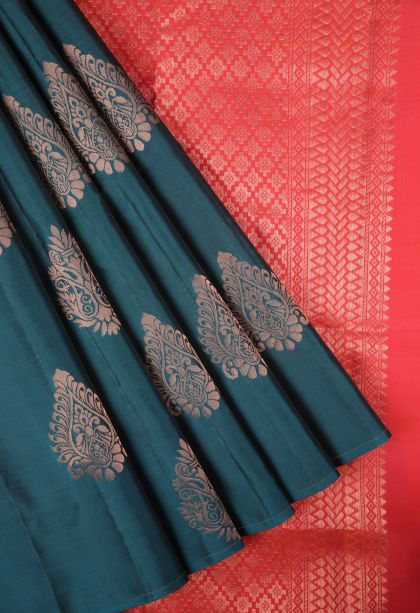 Aegean Blue Soft Silk Saree with Copper Zari Buttis (small Dots Or Motifs)