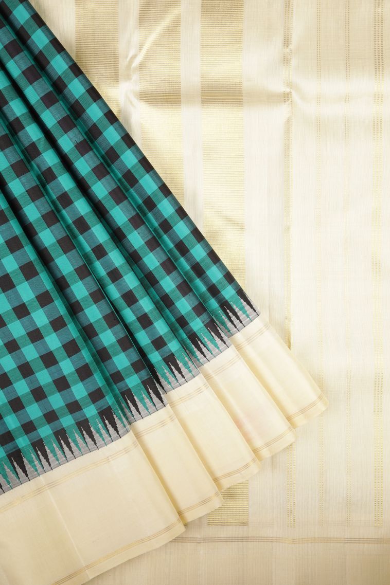 Cerulean Blue Kanchipuram Silk Sarees with Without Zari Zari Checks view 1