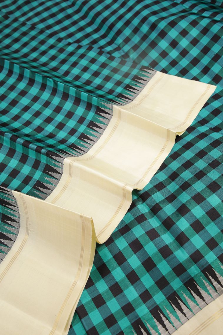 Cerulean Blue Kanchipuram Silk Sarees with Without Zari Zari Checks view 4