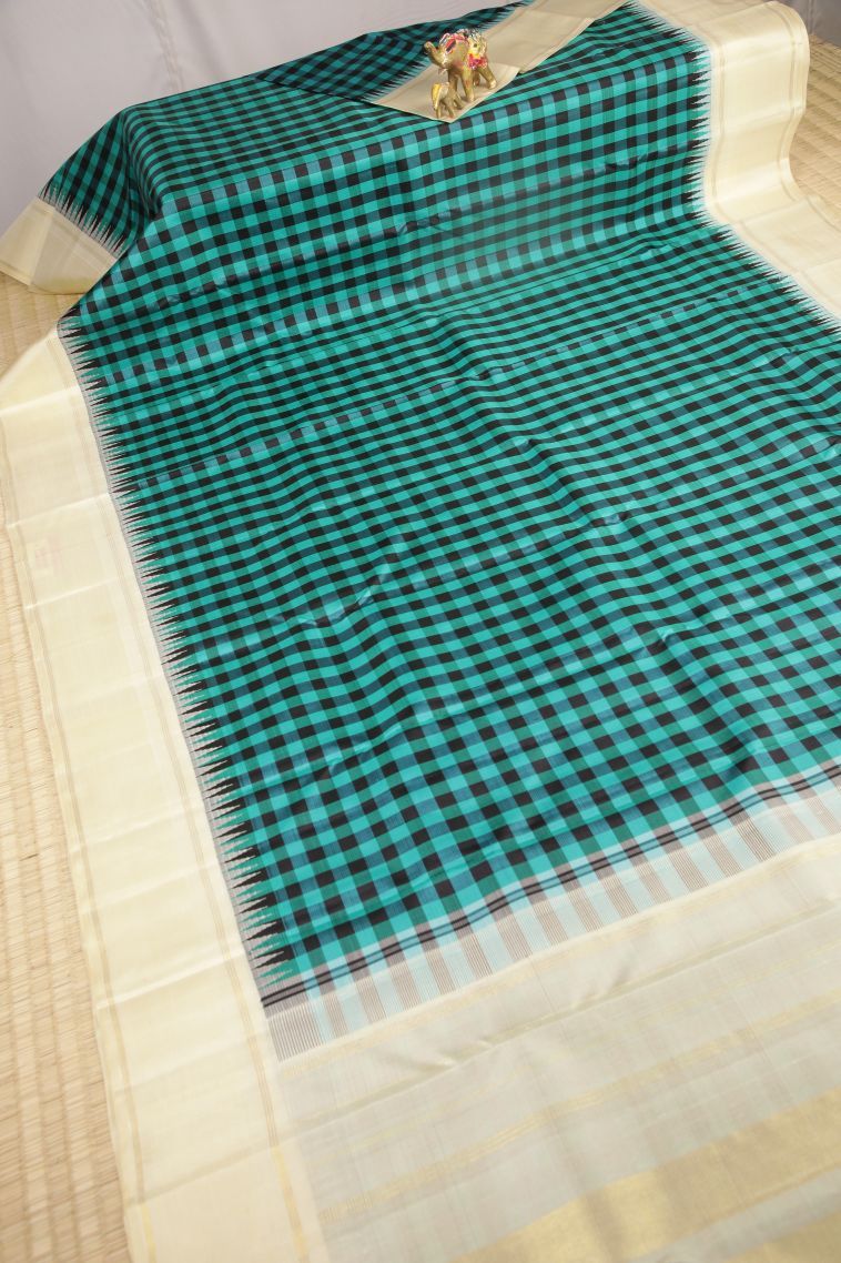 Cerulean Blue Kanchipuram Silk Sarees with Without Zari Zari Checks view 2