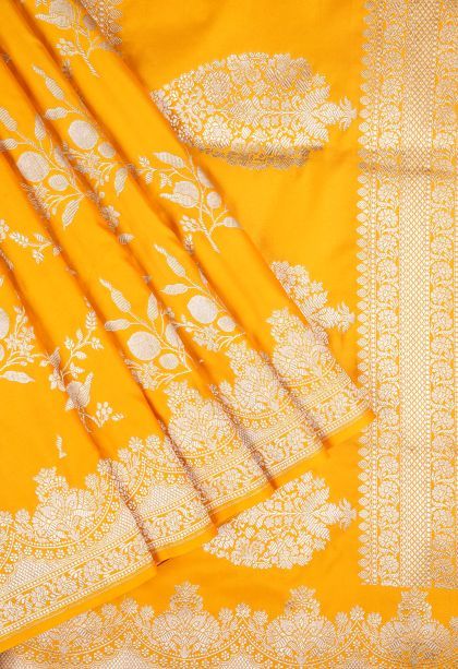 Lemon Yellow Banaras Sarees with Silver Zari Floral Patterns