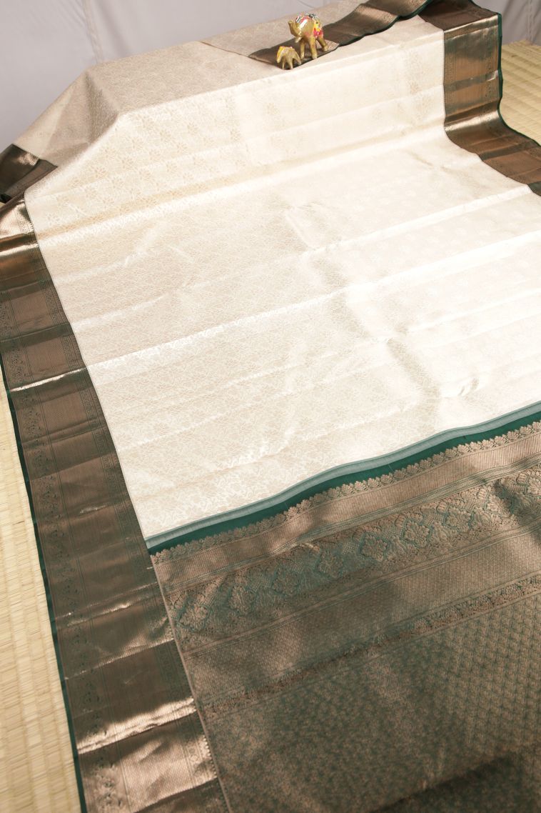 Pearl White Kanchipuram Silk Sarees with Gold Zari Floral Patterns view 2
