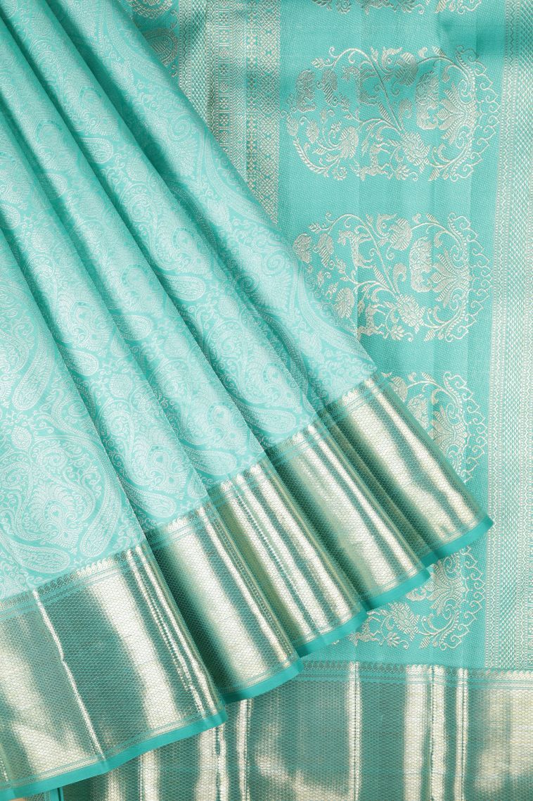 Arctic Blue Kanchipuram Silk Sarees with Gold Zari Floral Patterns view 1