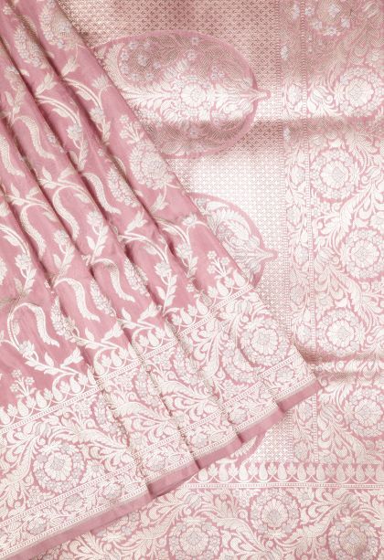 Crepe Pink Banaras Silk Saree with Gold Zari Floral Patterns