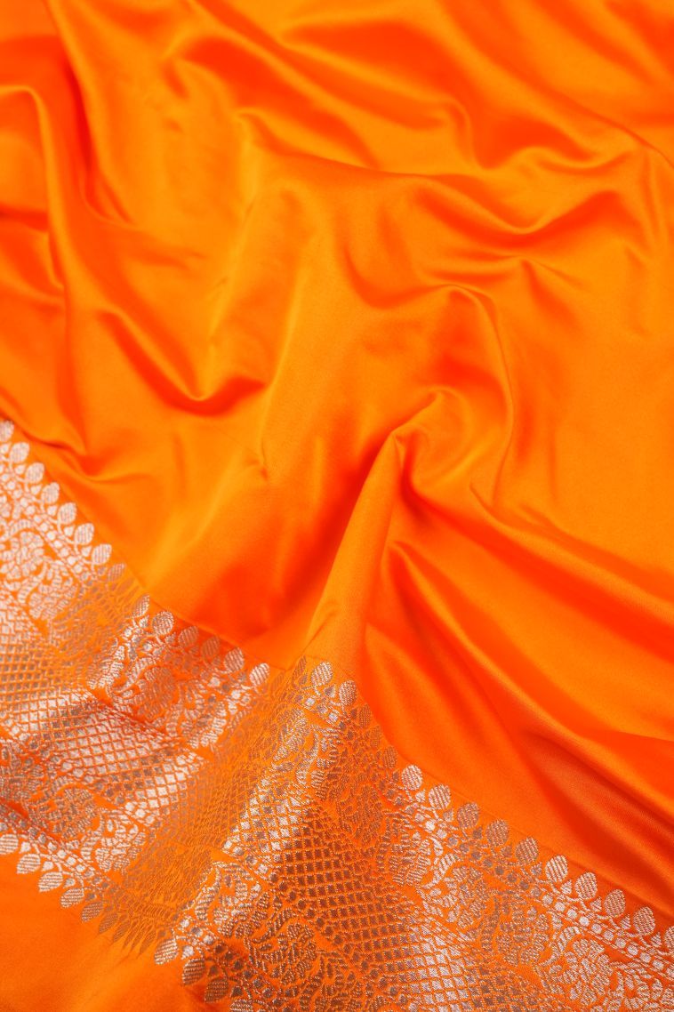 Candy Orange Banaras Sarees with Silver Zari Floral Patterns view 3