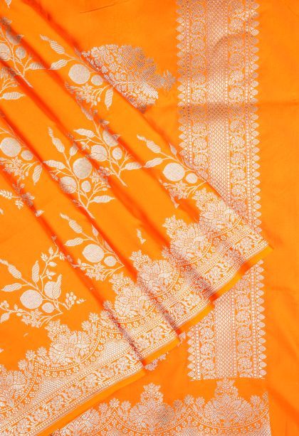 Candy Orange Banaras Sarees with Silver Zari Floral Patterns