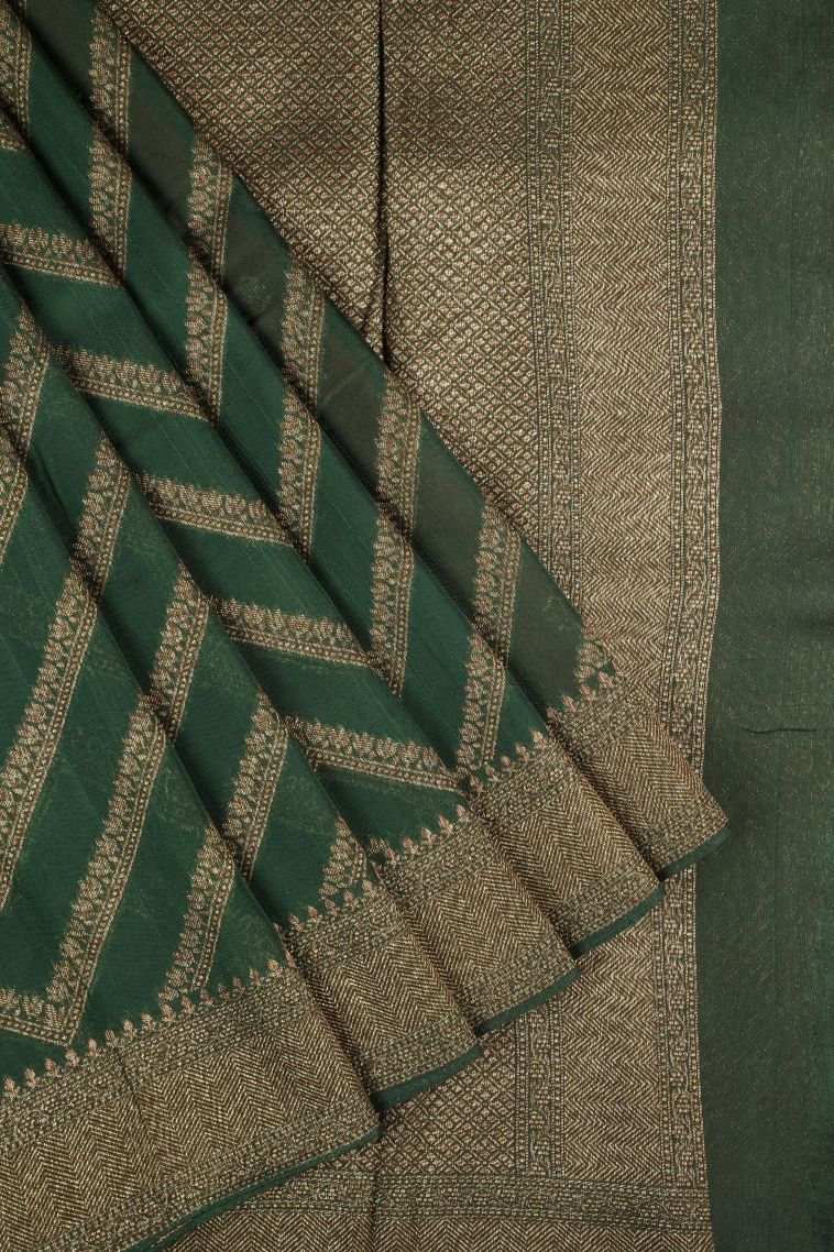 Basil Green Banaras Sarees with Gold Zari Geometric Shapes view 1