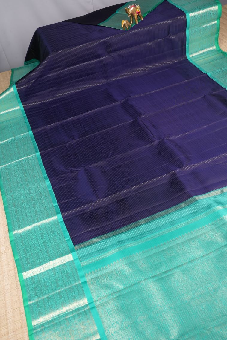 Berry Blue Kanchipuram Silk Sarees with Gold Zari Stripes view 2