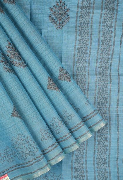 Cerulean Blue Tussar Saree with Without Zari Zari Buttis (small Dots Or Motifs)