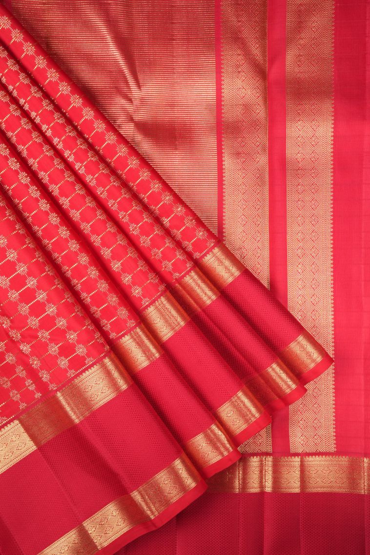 Candy Red Kanchipuram Silk Sarees with Gold Zari Buttis (small Dots Or Motifs) view 1