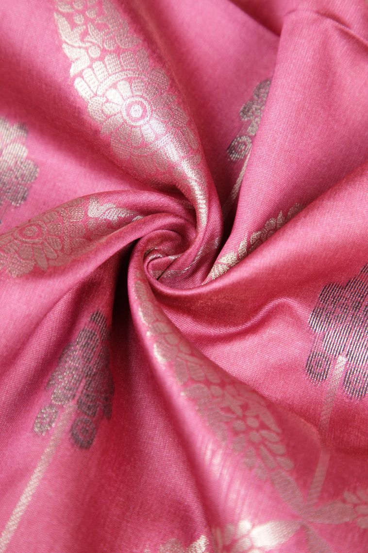 Bubblegum Pink Tussar Saree with Silver Zari Floral Patterns view 4